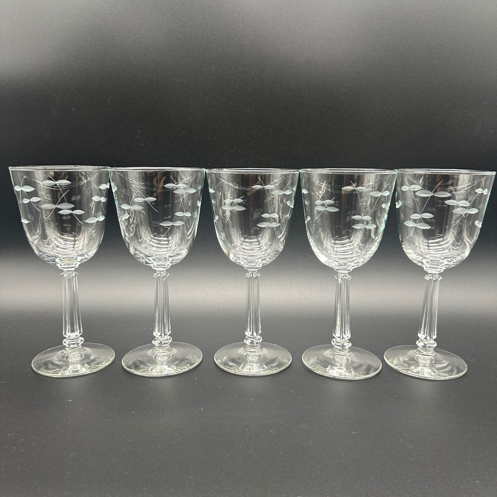 Libbey Windswept 3002-1 Water Wine Goblets Etched Glass Set of 5